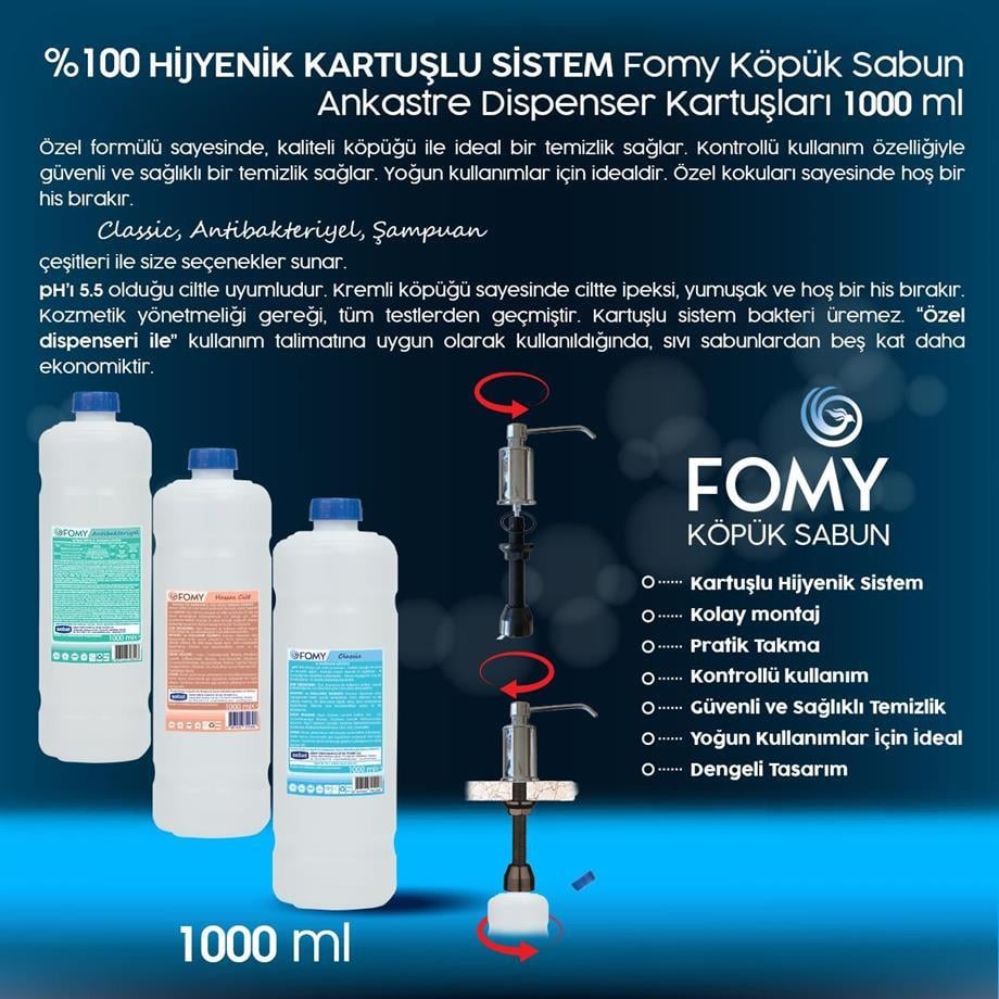 FOMY Antibakteriyel Köpük Sabun Ankastre 1000 ml x 12’li Koli | SLES, Triklosan, Paraben İçermez | Hijyenik Kartuşlu Dispenser