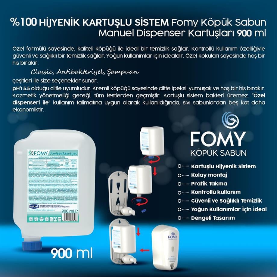 FOMY Antibakteriyel Köpük Sabun 900 ml | Hijyenik Kartuşlu, pH 5.5 Cilt Dostu Formül