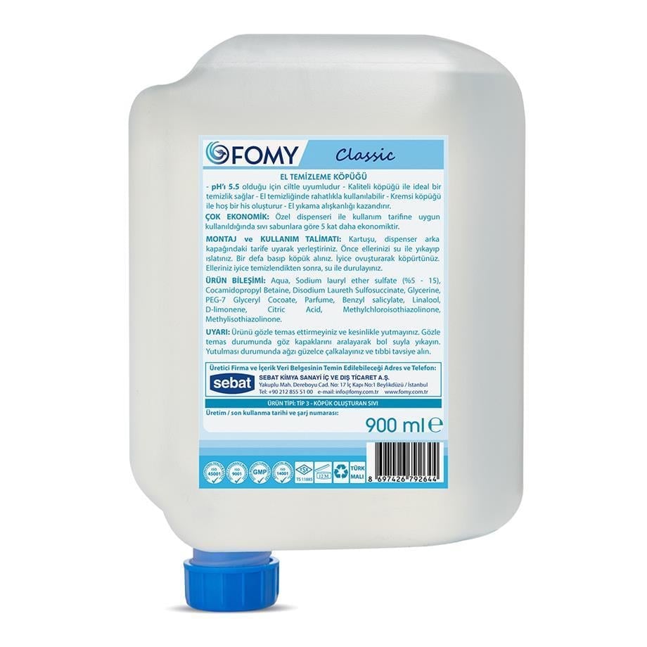FOMY Classic Köpük Sabun 900 ml x 12’li Koli | Hijyenik Kartuşlu Dispenser Uyumlu, pH 5.5, Ekonomik Köpük Sabun