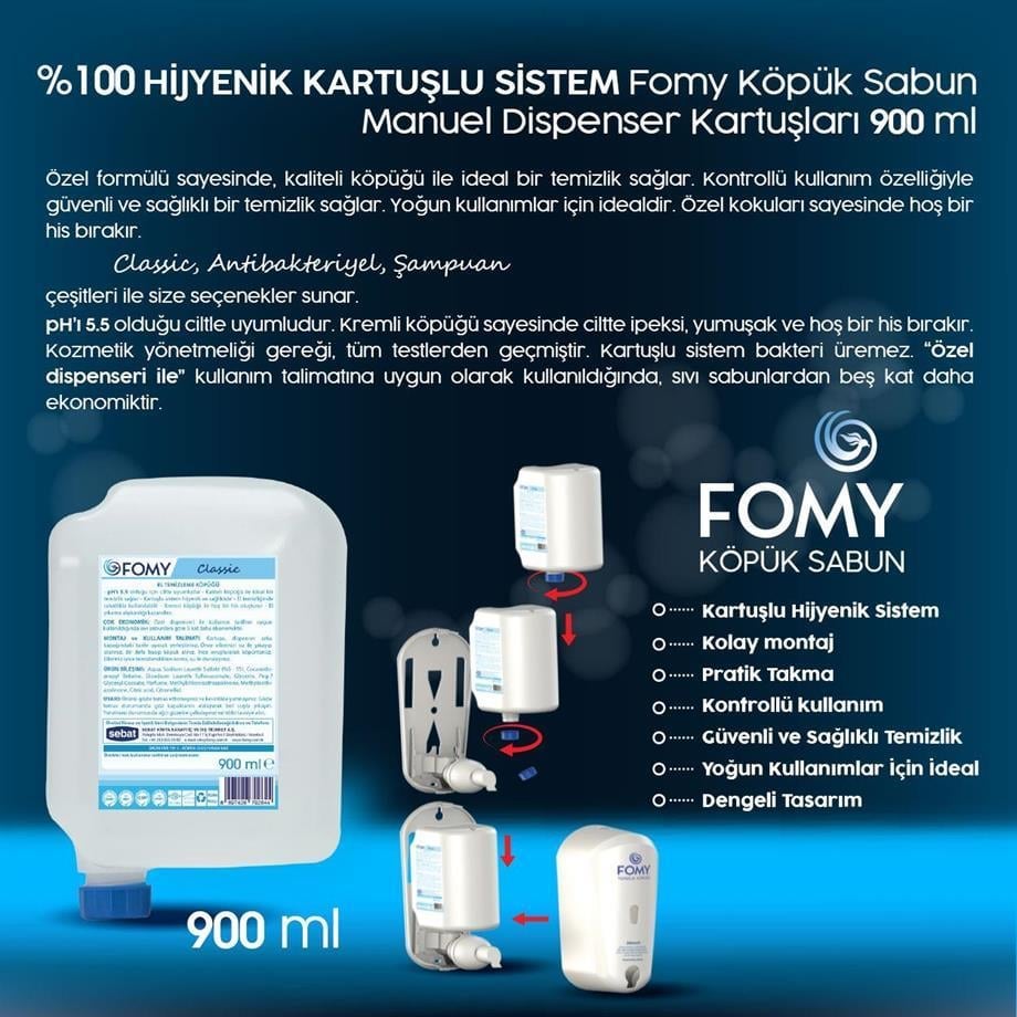 FOMY Classic Köpük Sabun 900 ml x 12’li Koli | Hijyenik Kartuşlu Dispenser Uyumlu, pH 5.5, Ekonomik Köpük Sabun