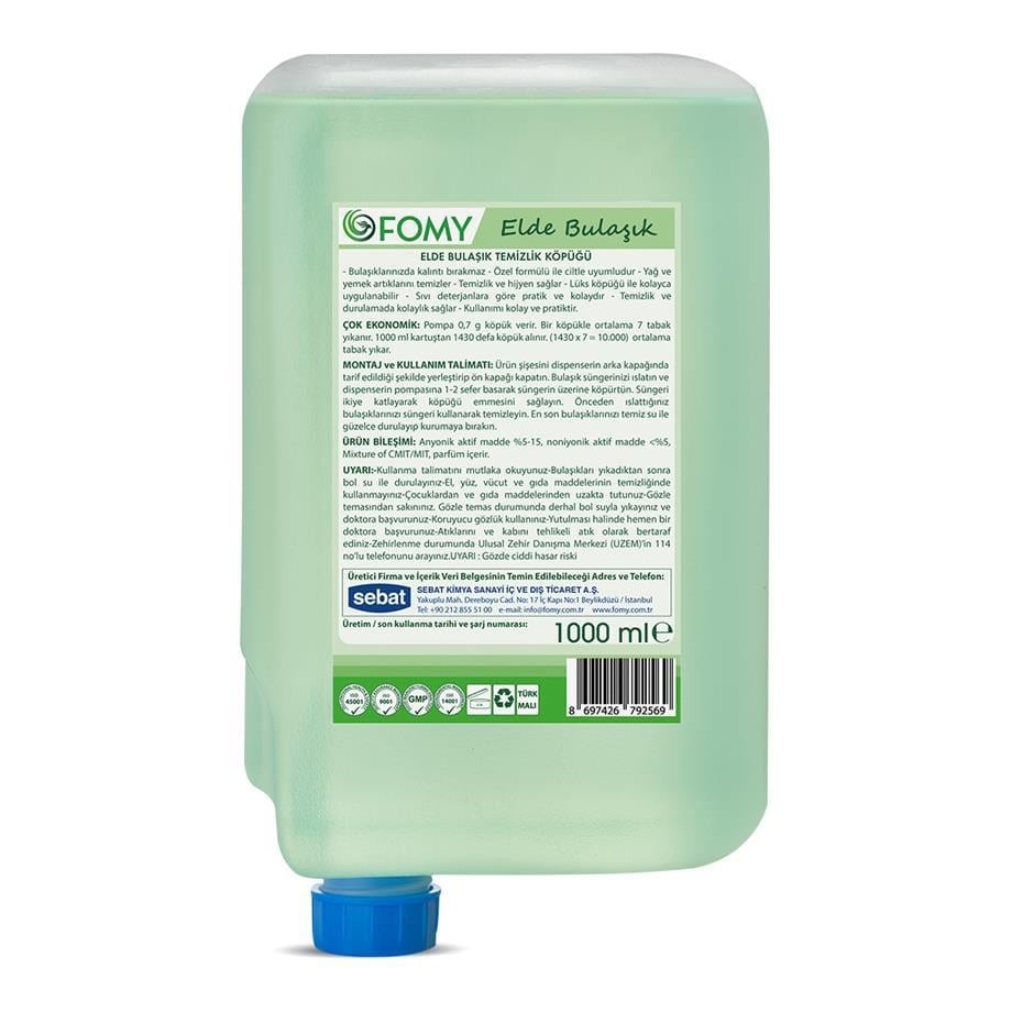 FOMY Elde Bulaşık Temizlik Köpüğü 1000 ml x 12’li Koli | Yoğun Köpük, Hijyenik Kartuşlu Dispenser | Ekonomik Bulaşık Köpüğü