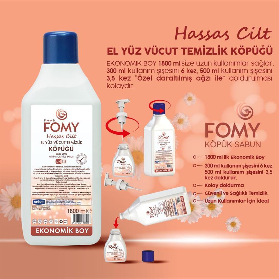 FOMY Hassas Cilt Köpük Sabun 1800 ml 6’lı Koli | El, Yüz ve Vücut Temizliği