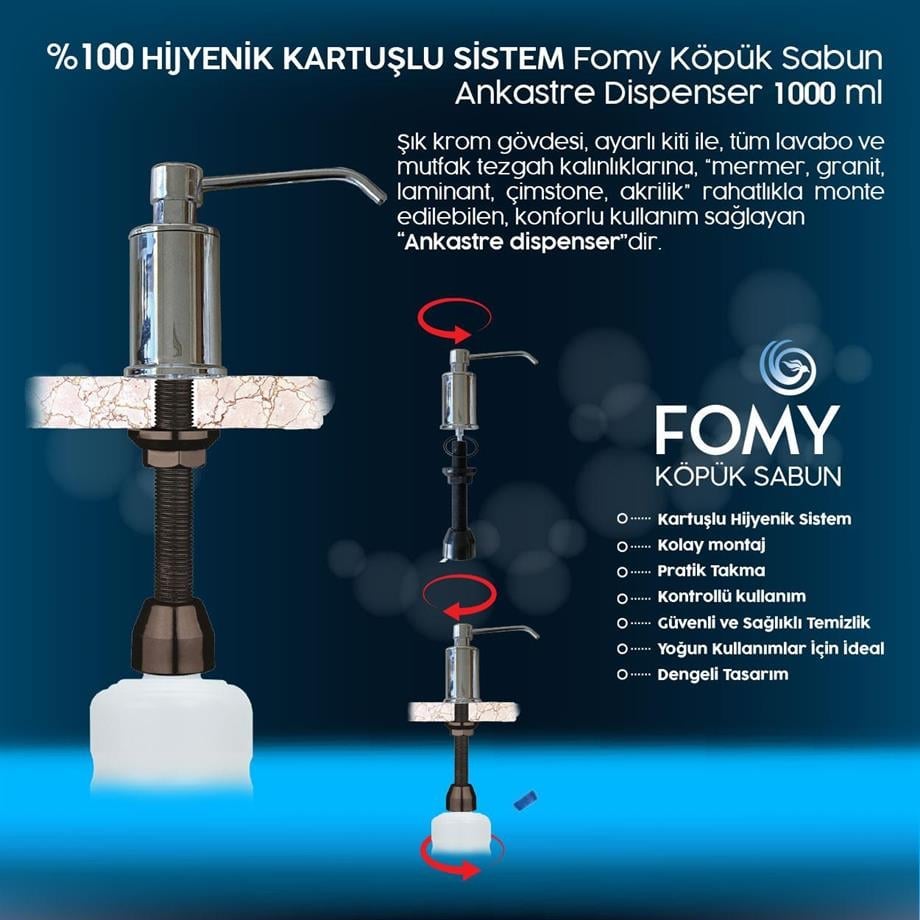 FOMY Köpük Sabun Ankastre Krom Dispenser 1000 ml