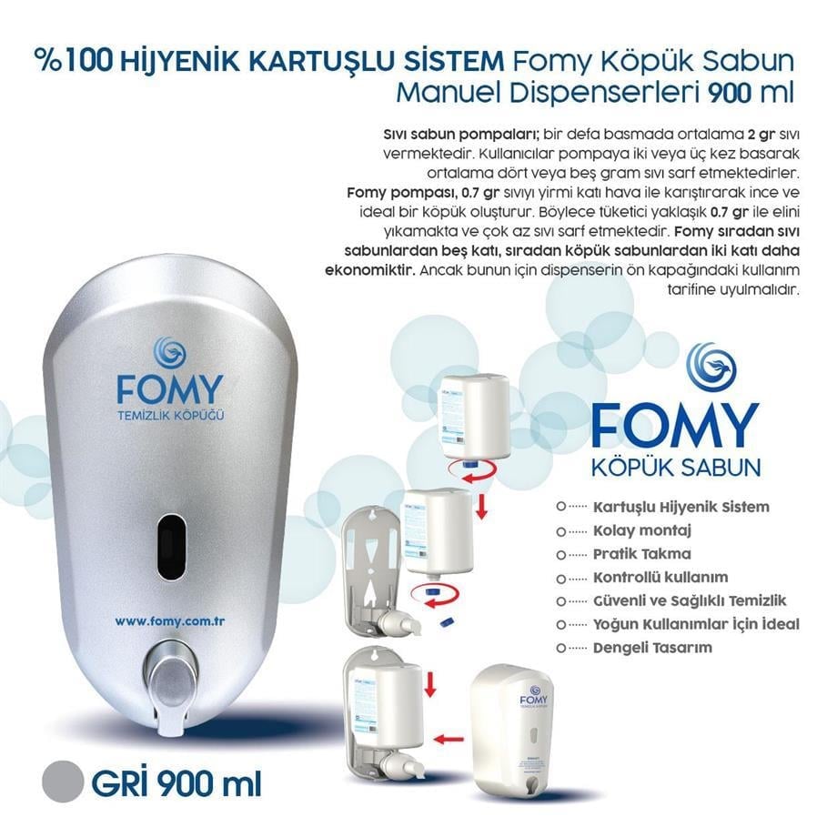 FOMY Köpük Sabun Gri Dispenser 900 ml | Şık ve Ekonomik Manuel Sabunluk 10’lu Koli