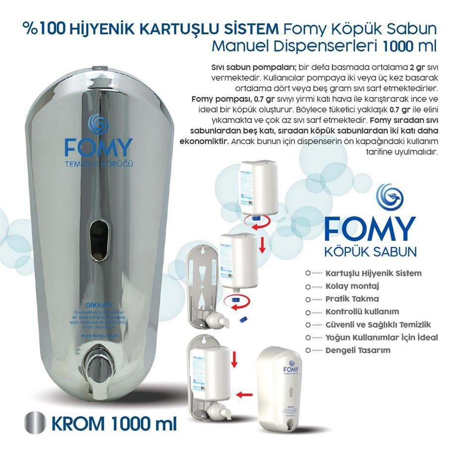 FOMY Köpük Sabun Krom Dispenser 1000 ml | Şık ve Dayanıklı Manuel Sabunluk 10’lu Koli