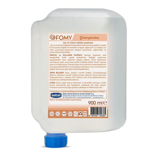 FOMY Saç ve Vücut Köpük Şampuan 900 ml x 12’li Koli | Hijyenik Kartuşlu Dispenser Uyumlu, pH 5.5, Ekonomik Köpük Şampuan