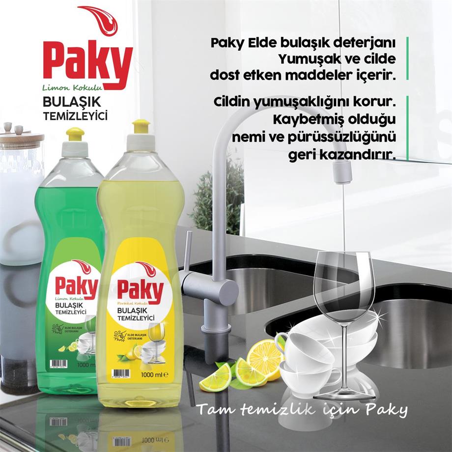 PAKY Elde Bulaşık Deterjanı Sarı 1000 ml – Güçlü Temizlik ve Hijyen, Pratik Push Pull Kapak