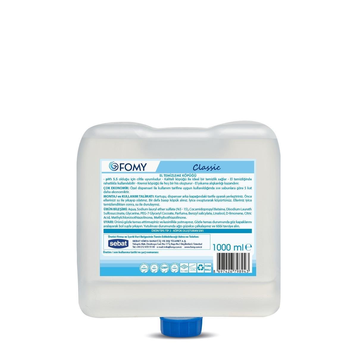 FOMY Sensörlü Classic Köpük Sabun 1000 ml x 9’lu Koli | pH 5.5 Cilt Dostu | Hijyenik Kartuşlu, Ekonomik Köpük Sabun